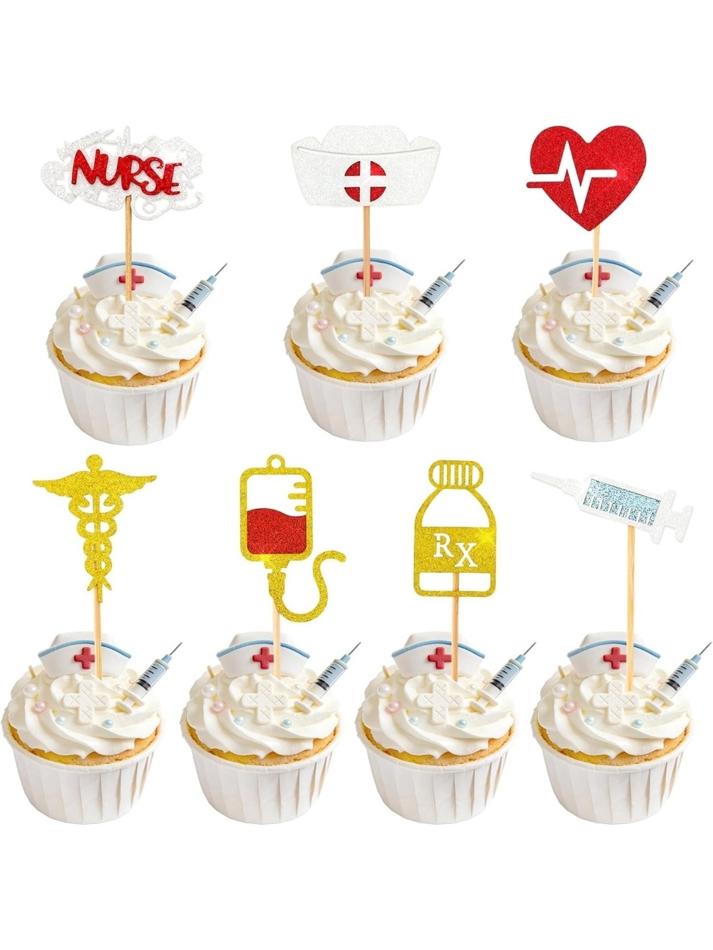 Nurse Theme Cupcake Toppers - Red, White & Gold  Decorations